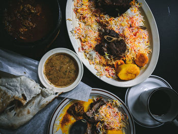 High angle view of meal served on table