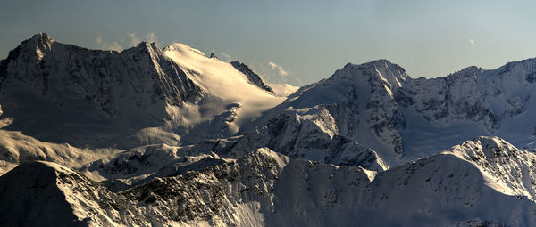 Panoramic view of snowcapped mountains against sky