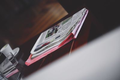 High angle view of books on table