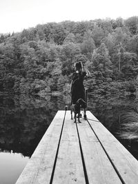 Rear view of woman on pier over lake