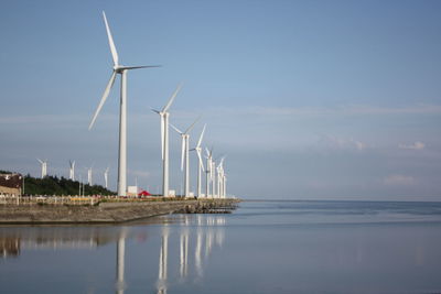 Wind turbines in sea against sky