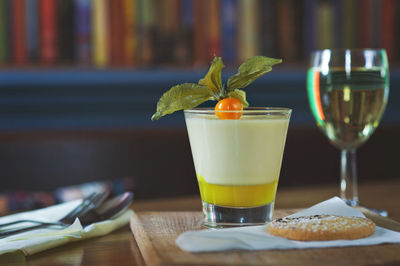 Close-up of food and drink on table