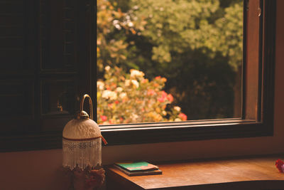 Close-up of electric lamp by window at home