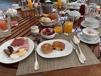 High angle view of breakfast served on table