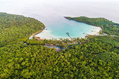 High angle view of bay against clear sky