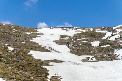 Scenic view of snowcapped mountains against blue sky