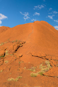 Scenic view of sand dunes against blue sky