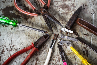 High angle view of work tools on table