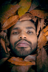 Close-up portrait of man with autumn leaves