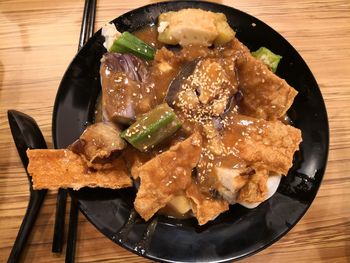 High angle view of food in plate on table