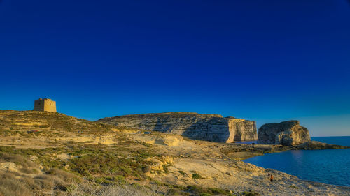 Scenic view of sea against clear blue sky