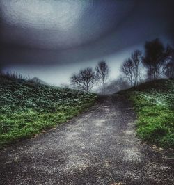 Dirt road amidst trees against sky