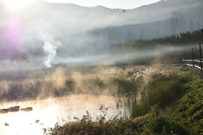 Scenic view of mountains during foggy weather