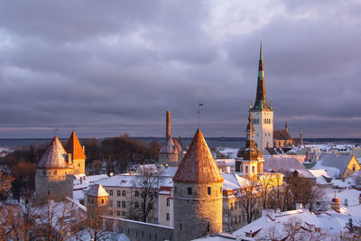 Panoramic view of buildings in city against sky during winter