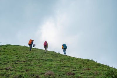 Rear view of people on mountain against sky