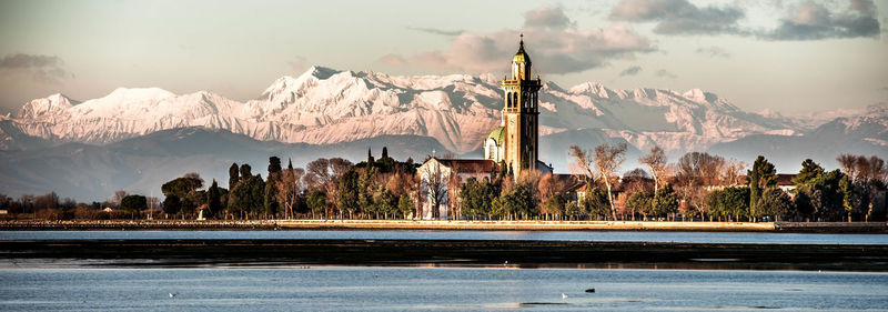 Panoramic view of building against snowcapped muntain