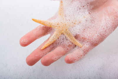 Close-up of hand holding starfish amidst soap sud