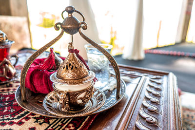 Turkish coffee and tea set in colorful traditional housewares in turkish theme coffee cafe