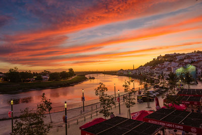 High angle view of city against sky at sunset
