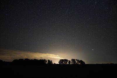 Silhouette trees on field against sky at night