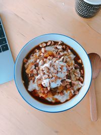 High angle view of breakfast on table