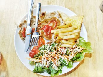 High angle view of food in plate on table