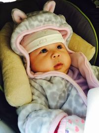 Close-up of cute baby in stroller