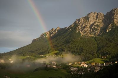 Scenic view of rainbow over mountain against sky