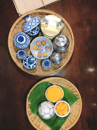 High angle view of breakfast served on table