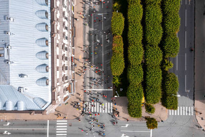 Aerial view of the people running marathon.