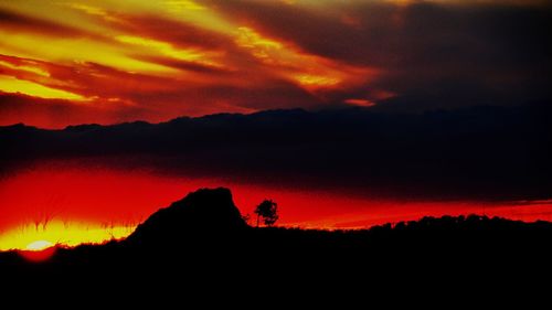 Scenic view of silhouette mountain against sky at sunset