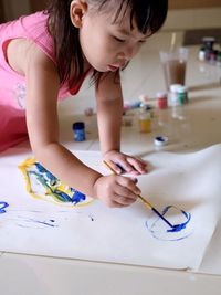 High angle view of girl painting on floor 