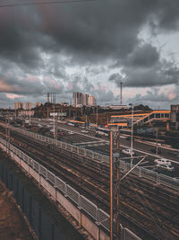 Train in city against sky