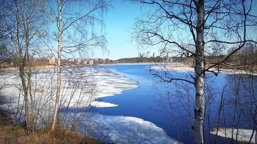 Scenic view of lake against sky during winter