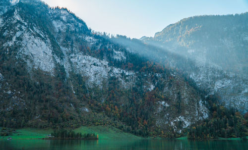 Scenic view of lake and mountains against sky