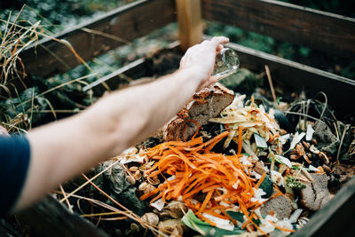 High angle view of person discarding compost