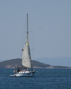 Sailboat sailing on sea against clear sky