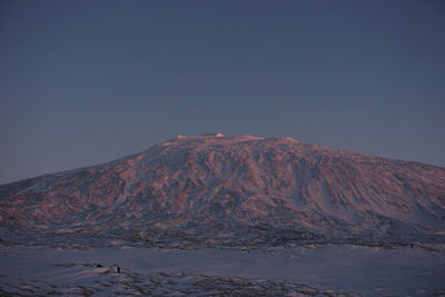 Scenic view of snowcapped mountains against clear sky