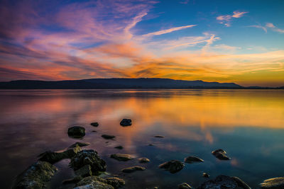 Scenic view of lake against sky during sunset