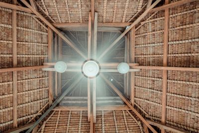 Directly below shot of electric lamp hanging on ceiling in building