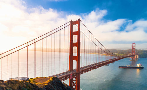 Aerial view of golden gate bridge over bay against sky