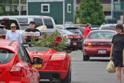 Rear view of people on car