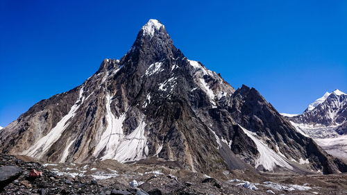 Low angle view of snowcapped mountain against blue sky