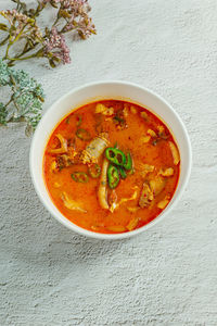 High angle view of soup in bowl on table