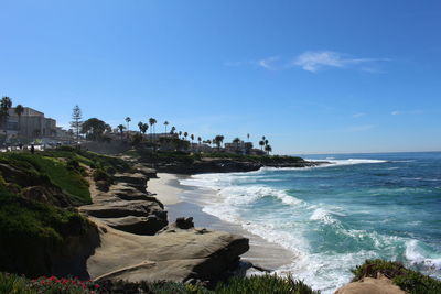 Scenic view of sea against blue sky