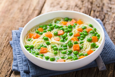 High angle view of soup in bowl on table