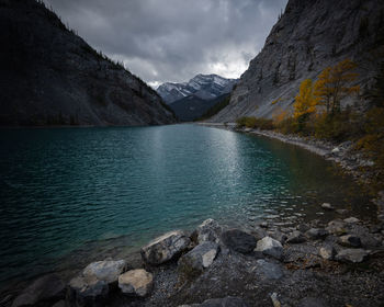 Scenic view of lake and mountains against sky