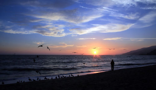 Scenic view of calm beach at sunset
