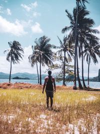 Rear view of man walking on palm trees