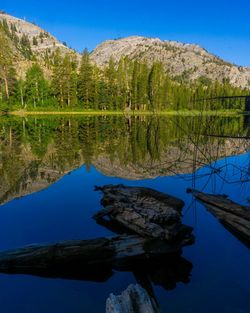 Scenic view of lake and mountains against clear blue sky